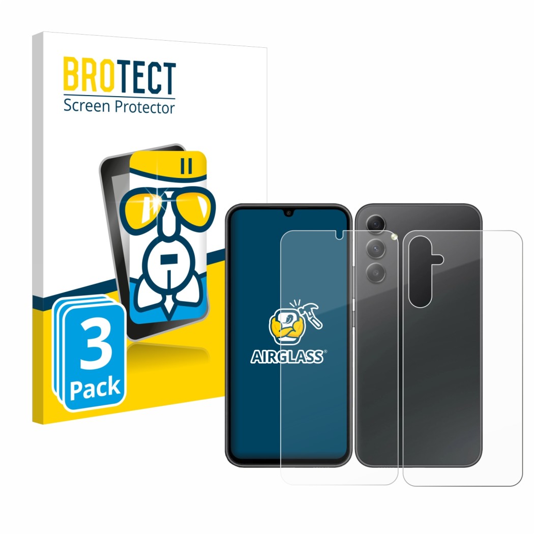Vorderseite einer Produktverpackung mit dem Markenlogo BROTECT. Daneben ist das Gerät Samsung Galaxy A34 5G (Display+Rückseite