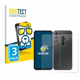 Vorderseite einer Produktverpackung mit dem Markenlogo BROTECT. Daneben ist das Gerät Samsung Galaxy A34 5G (Display+Rückseite