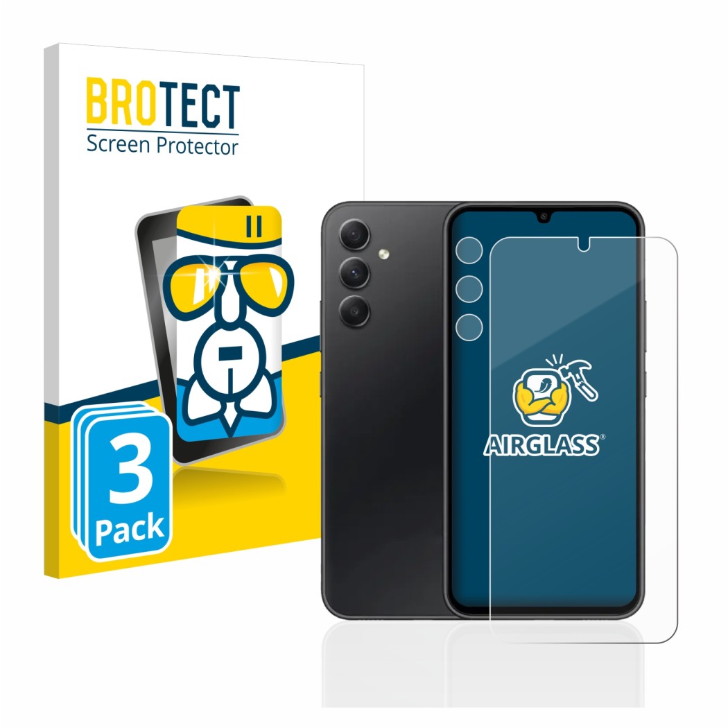 Front side of a product packaging with the brand logo BROTECT. Next to it is the device Samsung Galaxy A34 5G (Front+Camera) s
