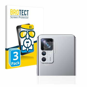 Front side of a product packaging with the brand logo BROTECT. Next to it is the device Xiaomi 12T Pro (ONLY Camera Lens) show