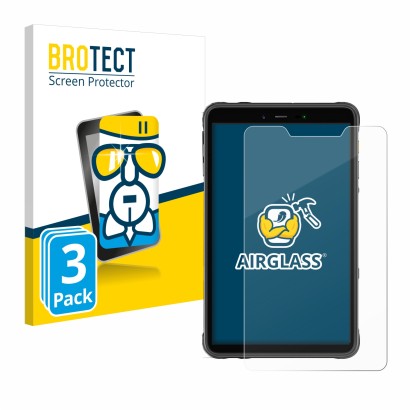 Front side of a product packaging with the brand logo BROTECT. Next to it is the device Ulefone Armor Pad 8 shown with the cor