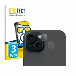 Parte frontal de un envase de producto con el logotipo de la marca BROTECT. Al lado se muestra el dispositivo Apple iPhone 15 