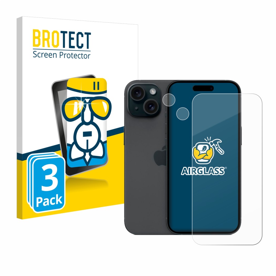 Front side of a product packaging with the brand logo BROTECT. Next to it is the device Apple iPhone 15 (Front+Camera) shown w