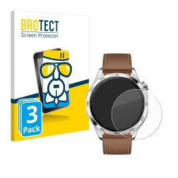 Parte frontal de un envase de producto con el logotipo de la marca BROTECT. Al lado se muestra el dispositivo Huawei Watch GT 