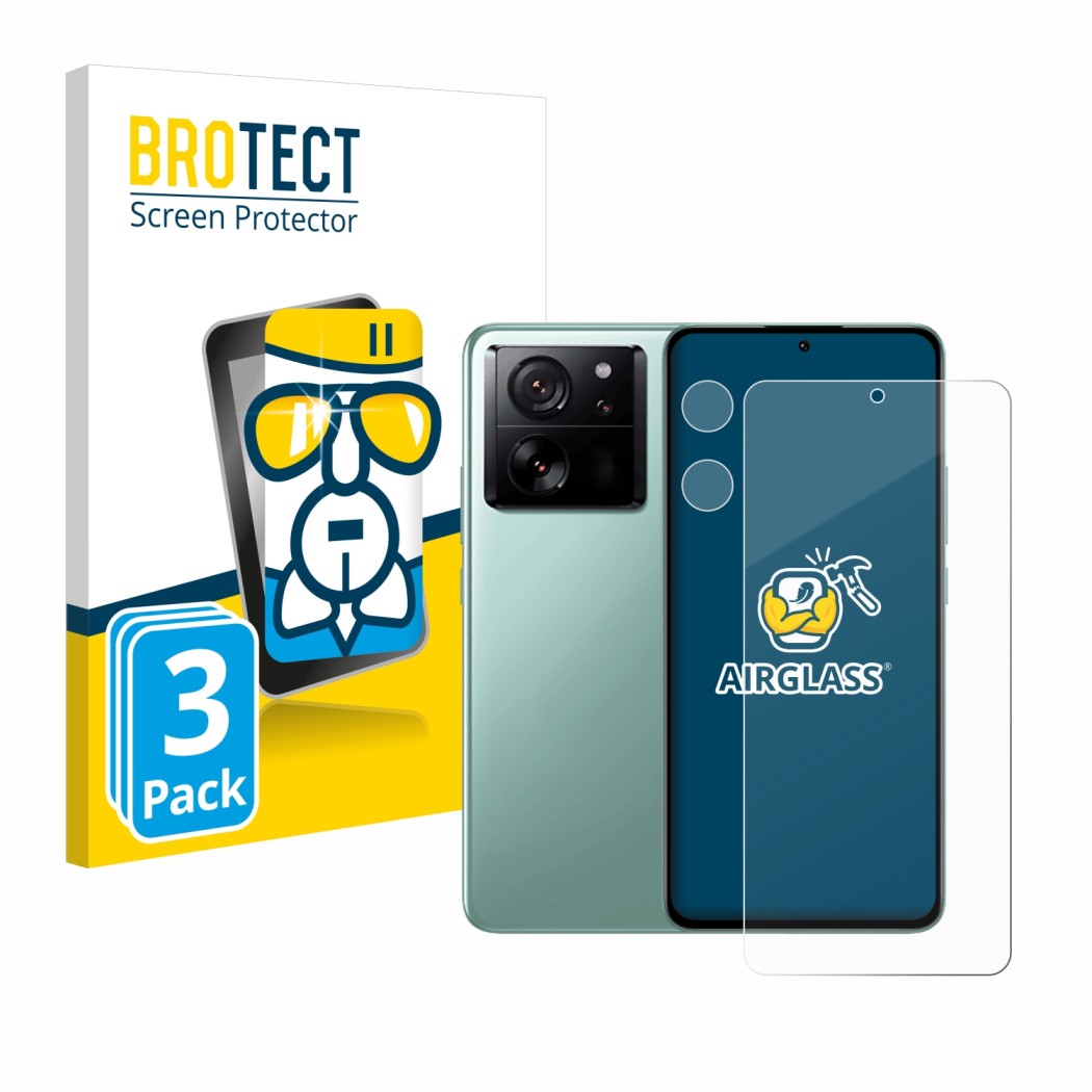 Face avant d’un emballage produit avec le logo de la marque BROTECT. À côté, l’appareil Xiaomi 13T Pro (Avant+Caméra) est repr