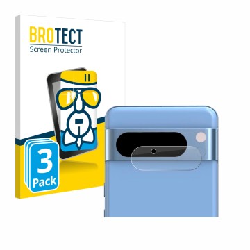 Vorderseite einer Produktverpackung mit dem Markenlogo BROTECT. Daneben ist das Gerät Google Pixel 8 Pro (NUR Kameraschutz) mi