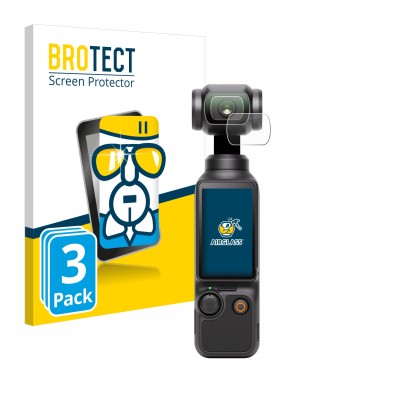 Front side of a product packaging with the brand logo BROTECT. Next to it is the device DJI Osmo Pocket 3 (Lens) shown with th