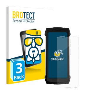 Parte frontal de un envase de producto con el logotipo de la marca BROTECT. Al lado se muestra el dispositivo Doogee S Mini co