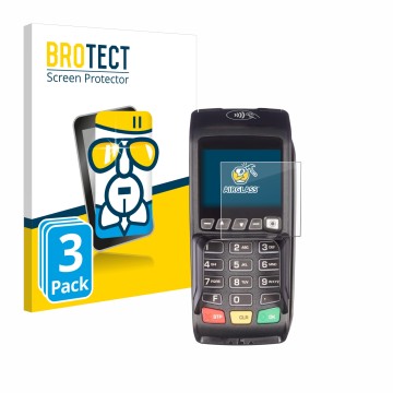 Front side of a product packaging with the brand logo BROTECT. Next to it is the device ingenico Desk/3500 shown with the corr