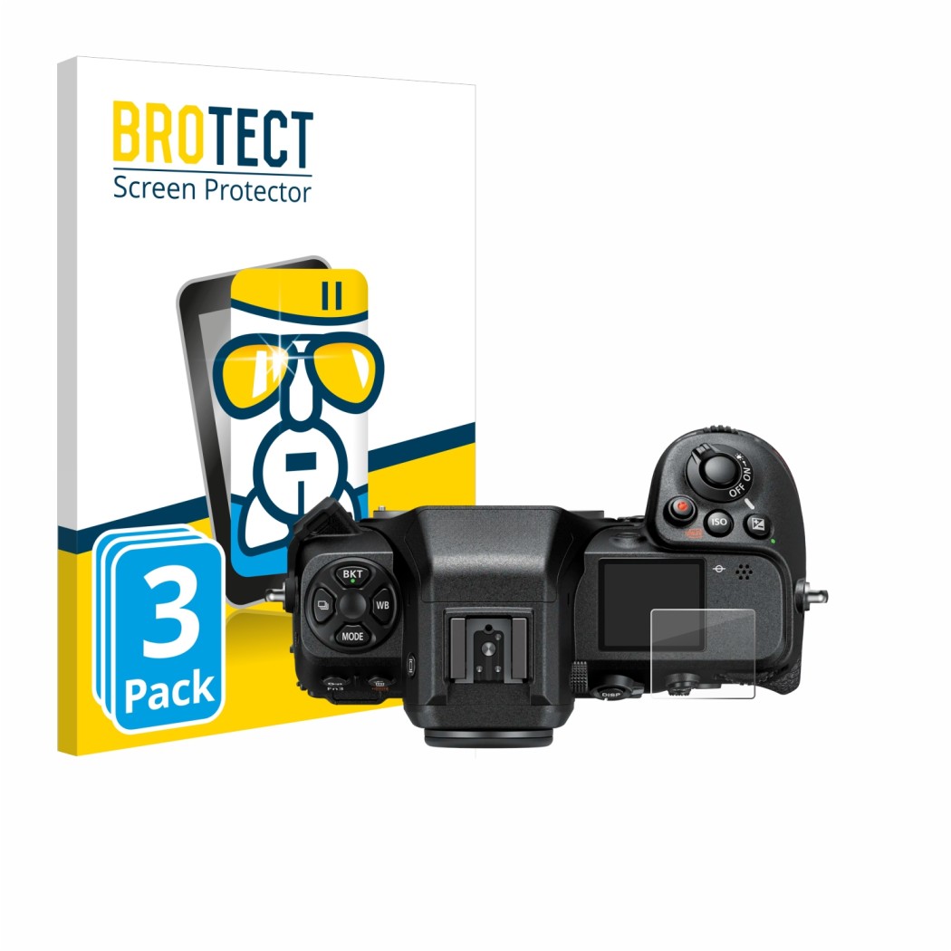 Front side of a product packaging with the brand logo BROTECT. Next to it is the device Nikon Z 8 (top plate display) shown wi