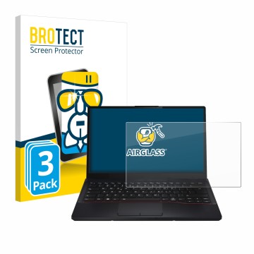 Parte frontal de un envase de producto con el logotipo de la marca BROTECT. Al lado se muestra el dispositivo Fujitsu Lifebook