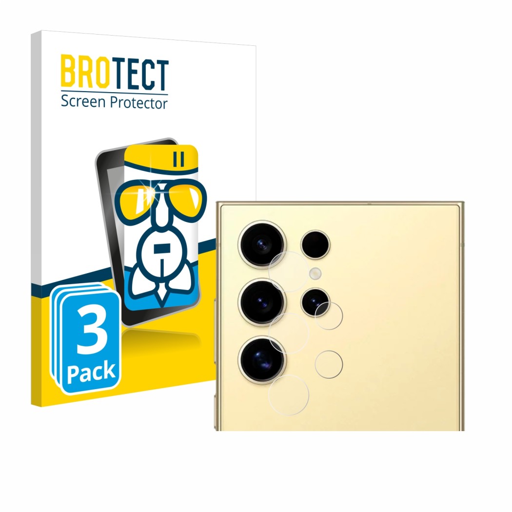 Vorderseite einer Produktverpackung mit dem Markenlogo BROTECT. Daneben ist das Gerät Samsung Galaxy S24 Ultra (NUR Kameraschu