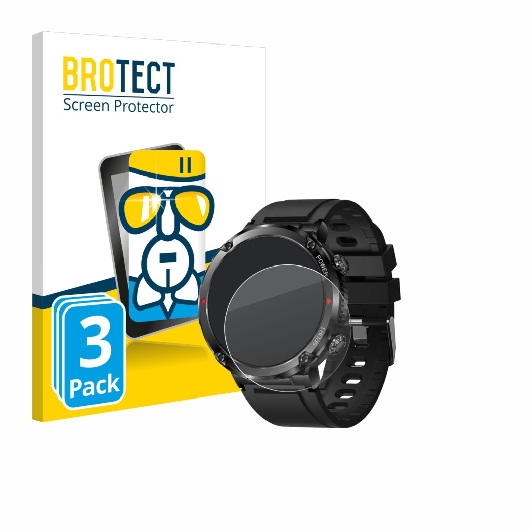 Front side of a product packaging with the brand logo BROTECT. Next to it is the device LIGE Smartwatch 1.6