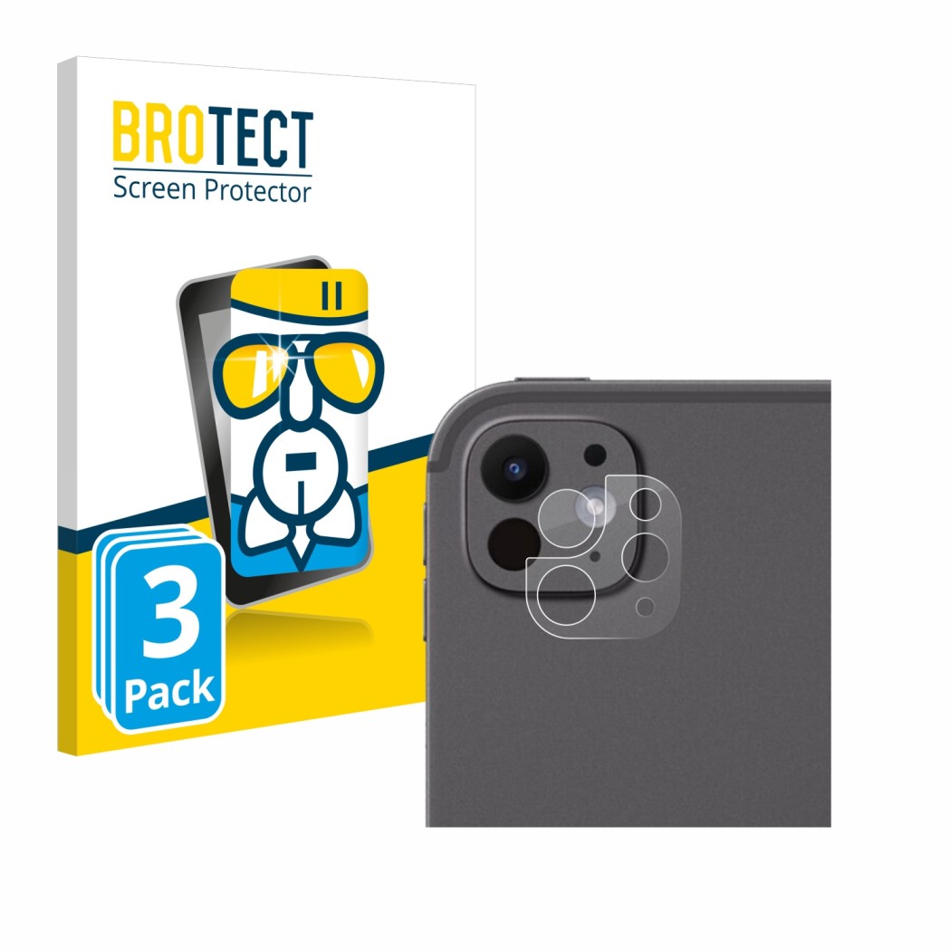 Face avant d’un emballage produit avec le logo de la marque BROTECT. À côté, l’appareil Apple iPad Pro 13