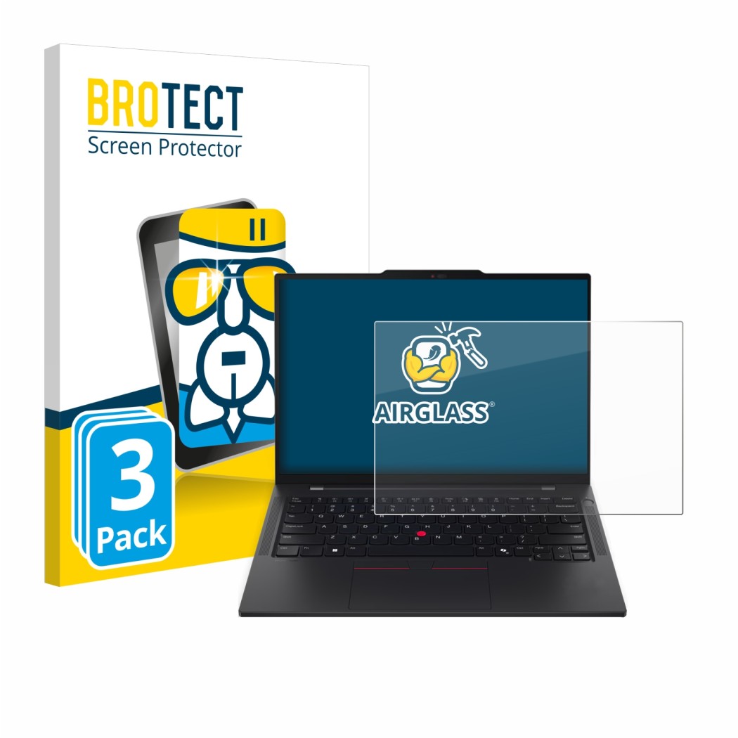 Face avant d’un emballage produit avec le logo de la marque BROTECT. À côté, l’appareil Lenovo ThinkPad T14s Gen 6 est représe