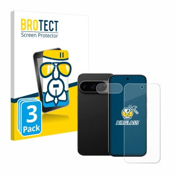 Vorderseite einer Produktverpackung mit dem Markenlogo BROTECT. Daneben ist das Gerät Google Pixel 9 Pro (Display+Kamera) mit 