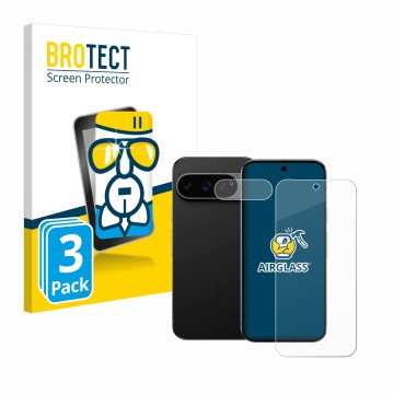 Front side of a product packaging with the brand logo BROTECT. Next to it is the device Google Pixel 9 Pro XL (Front+Camera) s