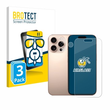 Vorderseite einer Produktverpackung mit dem Markenlogo BROTECT. Daneben ist das Gerät Apple iPhone 16 Pro (Display+Kamera) mit