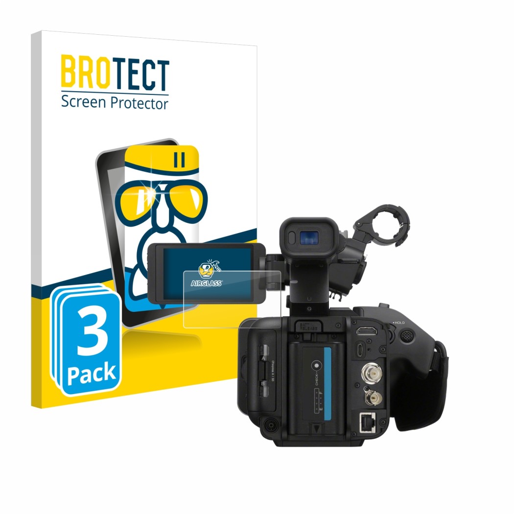 Face avant d’un emballage produit avec le logo de la marque BROTECT. À côté, l’appareil Sony PXW-Z200 est représenté avec la p