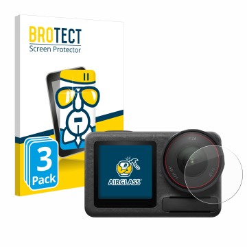 Face avant d’un emballage produit avec le logo de la marque BROTECT. À côté, l’appareil DJI Osmo Action 5 Pro (Lentille) est r