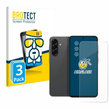 Parte frontal de un envase de producto con el logotipo de la marca BROTECT. Al lado se muestra el dispositivo Samsung Galaxy A