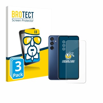 Front side of a product packaging with the brand logo BROTECT. Next to it is the device Samsung Galaxy M35 (Front+Camera) show