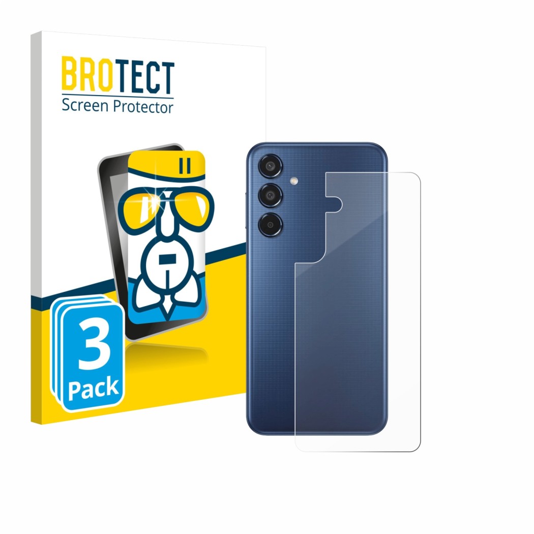 Vorderseite einer Produktverpackung mit dem Markenlogo BROTECT. Daneben ist das Gerät Samsung Galaxy M35 (Rückseite) mit dem z