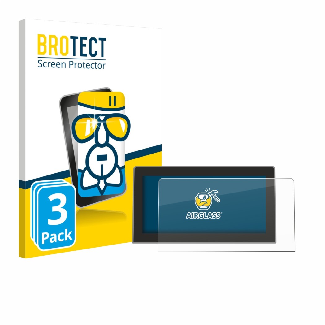 Front side of a product packaging with the brand logo BROTECT. Next to it is the device Volkswagen Golf MK8.5 12.9