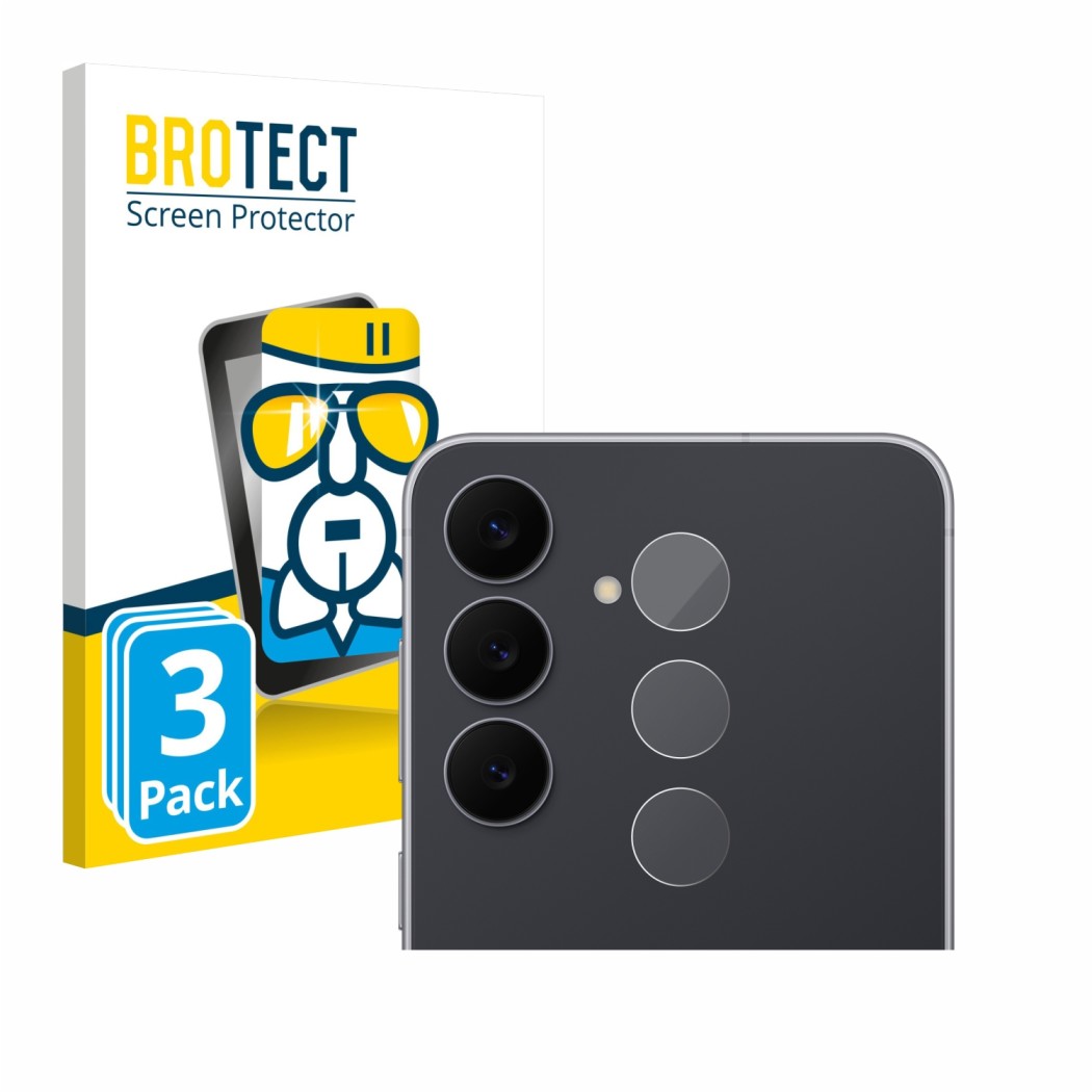 Front side of a product packaging with the brand logo BROTECT. Next to it is the device Samsung Galaxy S25 FE (ONLY Camera Len