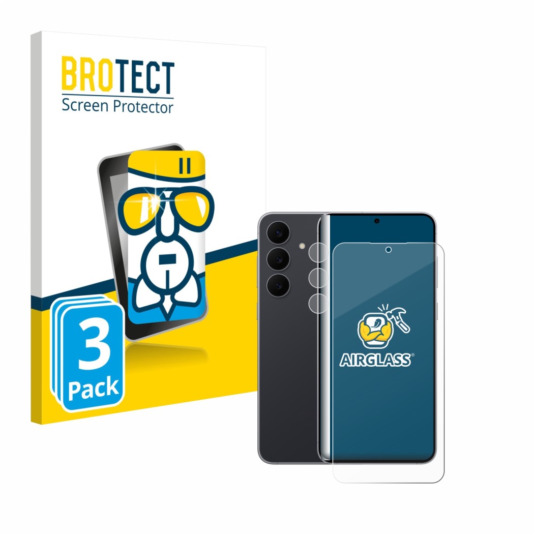 Front side of a product packaging with the brand logo BROTECT. Next to it is the device Samsung Galaxy S25 FE (Front+Camera) s