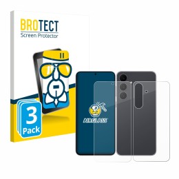 Face avant d’un emballage produit avec le logo de la marque BROTECT. À côté, l’appareil Samsung Galaxy S25 FE (Avant+Arrière) 