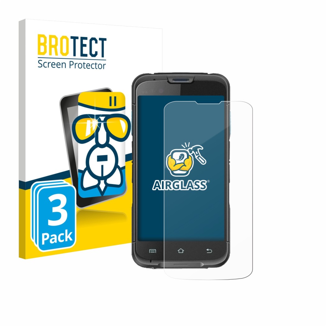 Front side of a product packaging with the brand logo BROTECT. Next to it is the device Unitech EA602 shown with the correspon