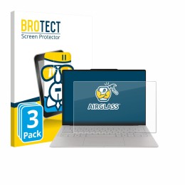 Parte frontal de un envase de producto con el logotipo de la marca BROTECT. Al lado se muestra el dispositivo Lenovo Yoga Slim