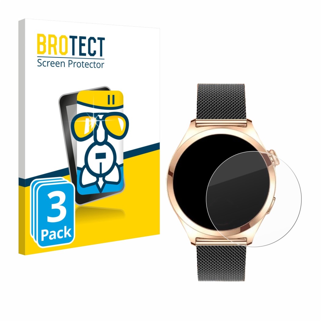 Face avant d’un emballage produit avec le logo de la marque BROTECT. À côté, l’appareil Niolina Smartwatch 1.27