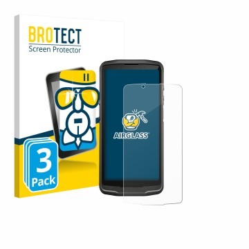 Front side of a product packaging with the brand logo BROTECT. Next to it is the device Crosscall Core M6 shown with the corre