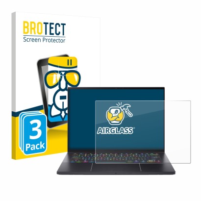 Face avant d’un emballage produit avec le logo de la marque BROTECT. À côté, l’appareil Acer Predator Triton 14 AI est représe