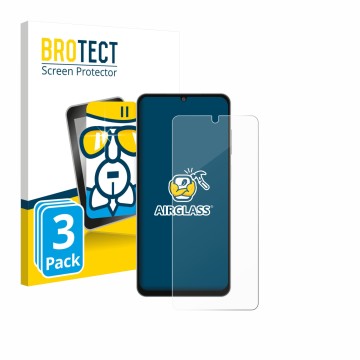 Face avant d’un emballage produit avec le logo de la marque BROTECT. À côté, l’appareil Samsung Galaxy M06 est représenté avec