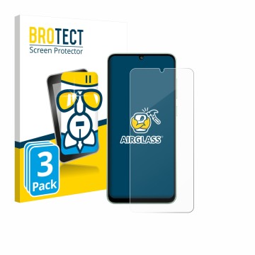 Parte frontal de un envase de producto con el logotipo de la marca BROTECT. Al lado se muestra el dispositivo Samsung Galaxy M