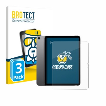 Face avant d’un emballage produit avec le logo de la marque BROTECT. À côté, l’appareil Apple iPad Air 13