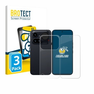 Parte frontale di una confezione del prodotto con il logo del marchio BROTECT. Accanto è raffigurato il dispositivo Nothing Ph