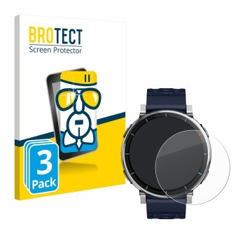 Face avant d’un emballage produit avec le logo de la marque BROTECT. À côté, l’appareil Amazfit Active 3 Premium est représent