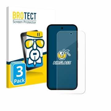 Face avant d’un emballage produit avec le logo de la marque BROTECT. À côté, l’appareil Google Pixel 10a (case-friendly) est r