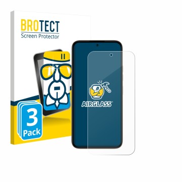 Front side of a product packaging with the brand logo BROTECT. Next to it is the device Tecno Spark 50 5G shown with the corre