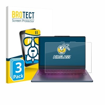 Parte frontal de un envase de producto con el logotipo de la marca BROTECT. Al lado se muestra el dispositivo Lenovo Yoga 9i 2