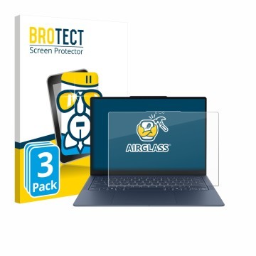 Parte frontal de un envase de producto con el logotipo de la marca BROTECT. Al lado se muestra el dispositivo Lenovo Yoga Slim