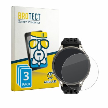 Front side of a product packaging with the brand logo BROTECT. Next to it is the device Amazfit Cheetah 2 Pro shown with the c