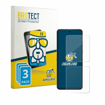 Front side of a product packaging with the brand logo BROTECT. Next to it is the device Motorola Razr 70 shown with the corres