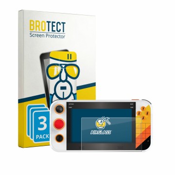 Front side of a product packaging with the brand logo BROTECT. Next to it is the device My Arcade Atari Gamestation Go Portabl