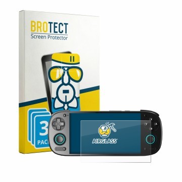 Front side of a product packaging with the brand logo BROTECT. Next to it is the device Retroid Pocket 5 shown with the corres