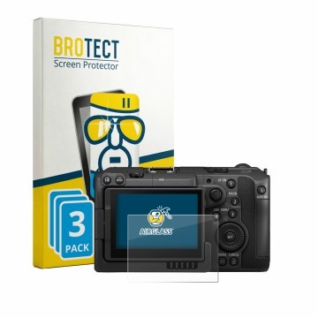 Vorderseite einer Produktverpackung mit dem Markenlogo BROTECT. Daneben ist das Gerät Canon EOS C50 mit dem zugehörigen Displa